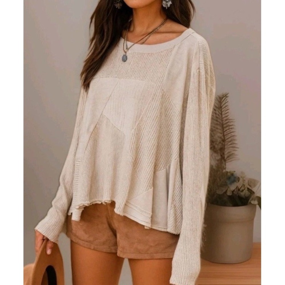 Heel Athens Lab Patchwork‎ Oversized Top Beige Asymmetrical Boxy Bohemian O/S